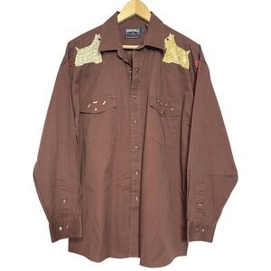 Panhandle Slim‎ Western Shirt Mens L Pearl Snap Cowboy Brown Dog Embroidered